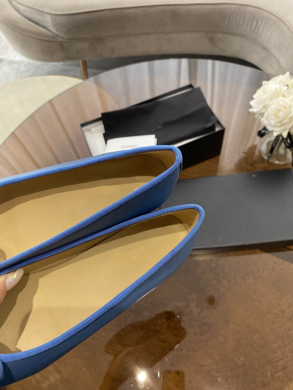 CHANEL BALLET FLATS BLUE BLACK LAMBSKIN
