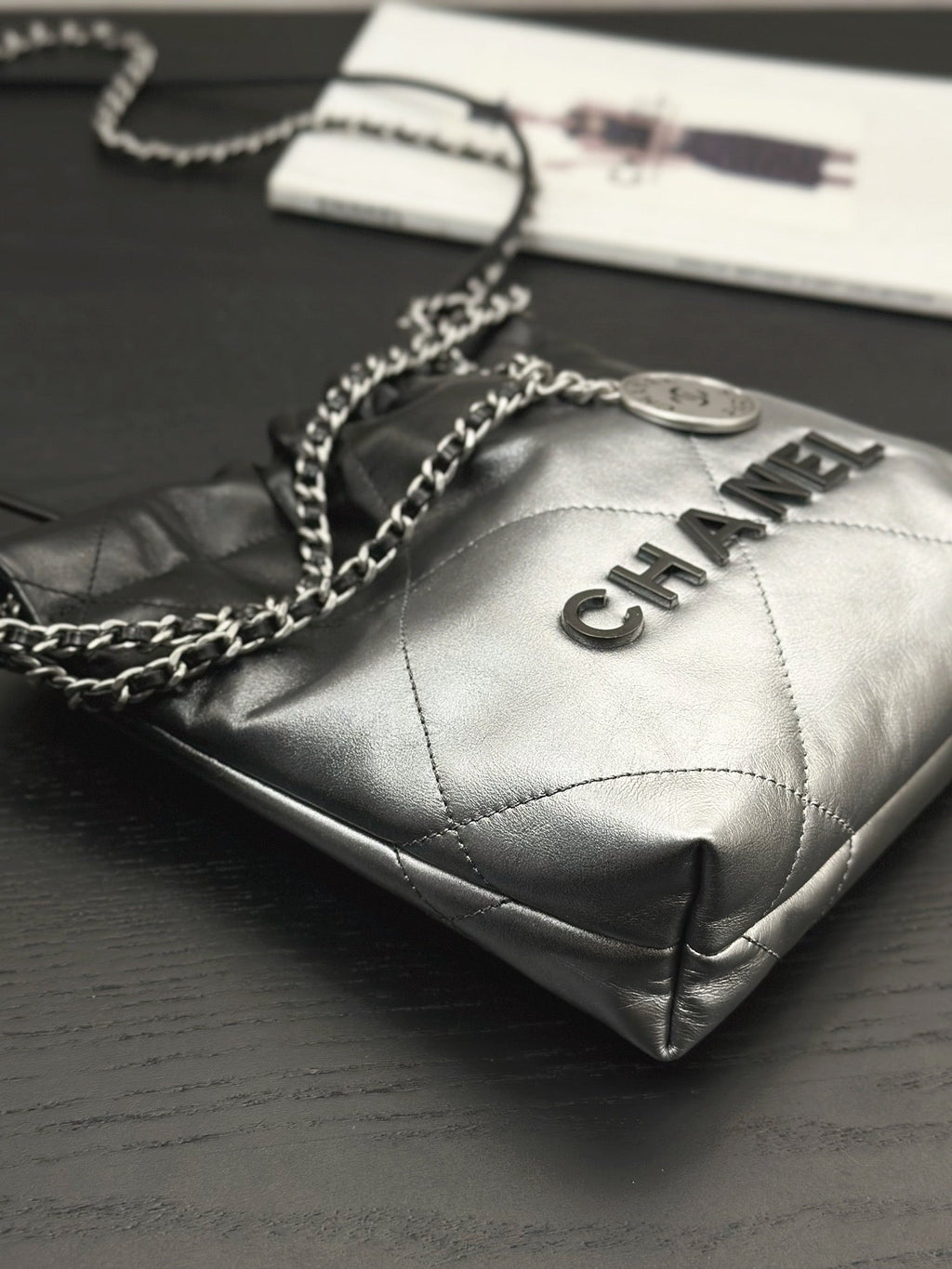 CHANEL HOBO MINI 20CM BLACK GREY LAMBSKIN SILVER HARDWARE
