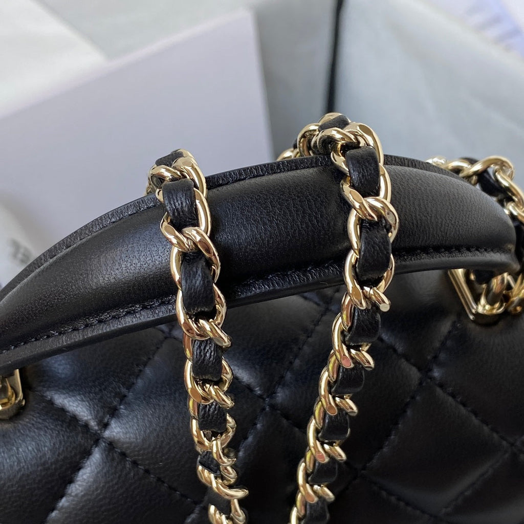 CHANEL 25S MINI FLAP BAG WITH TOP HANDLE 20 IN BLACK CALFSKIN GOLD HARDWARE