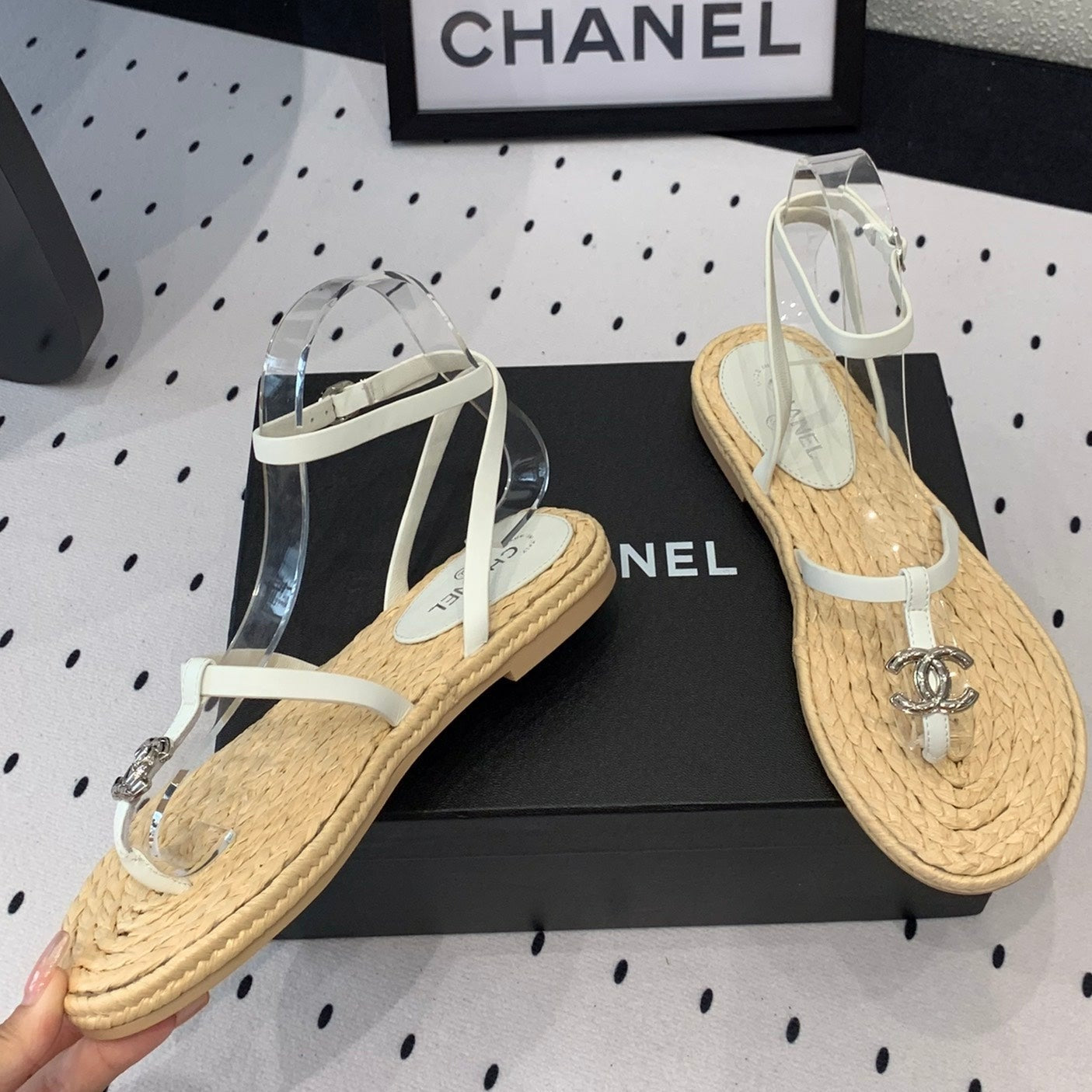 CHANEL Double  Vintage straw sandals replica designer shoe White Beige sheepskin
