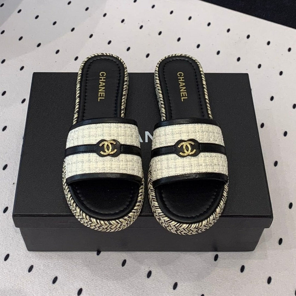 CHANEL Double  Women White Black Slippers Calfskin