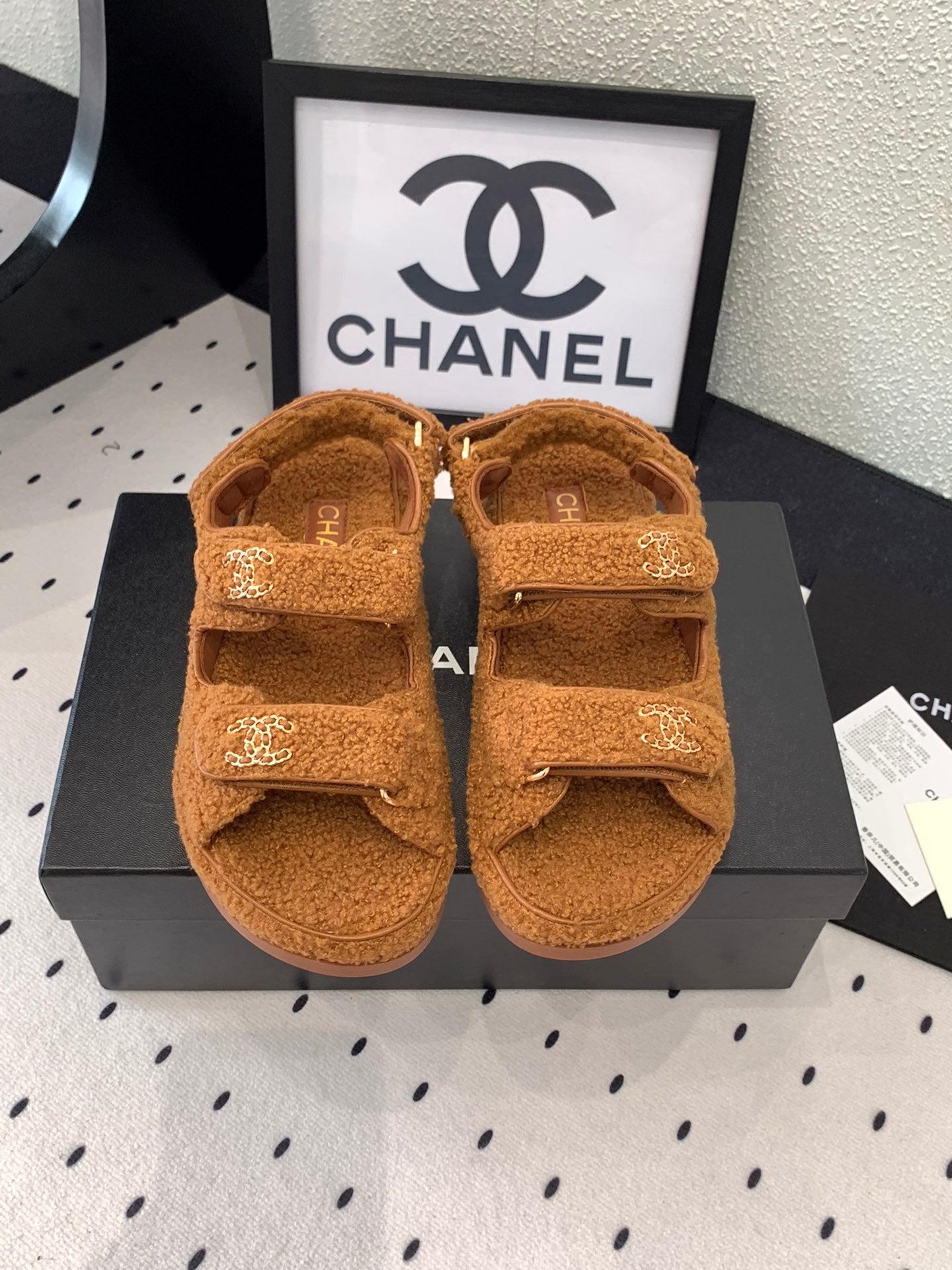 CHANEL DAD SANDAL BRONZE BROWN LAMB FUR
