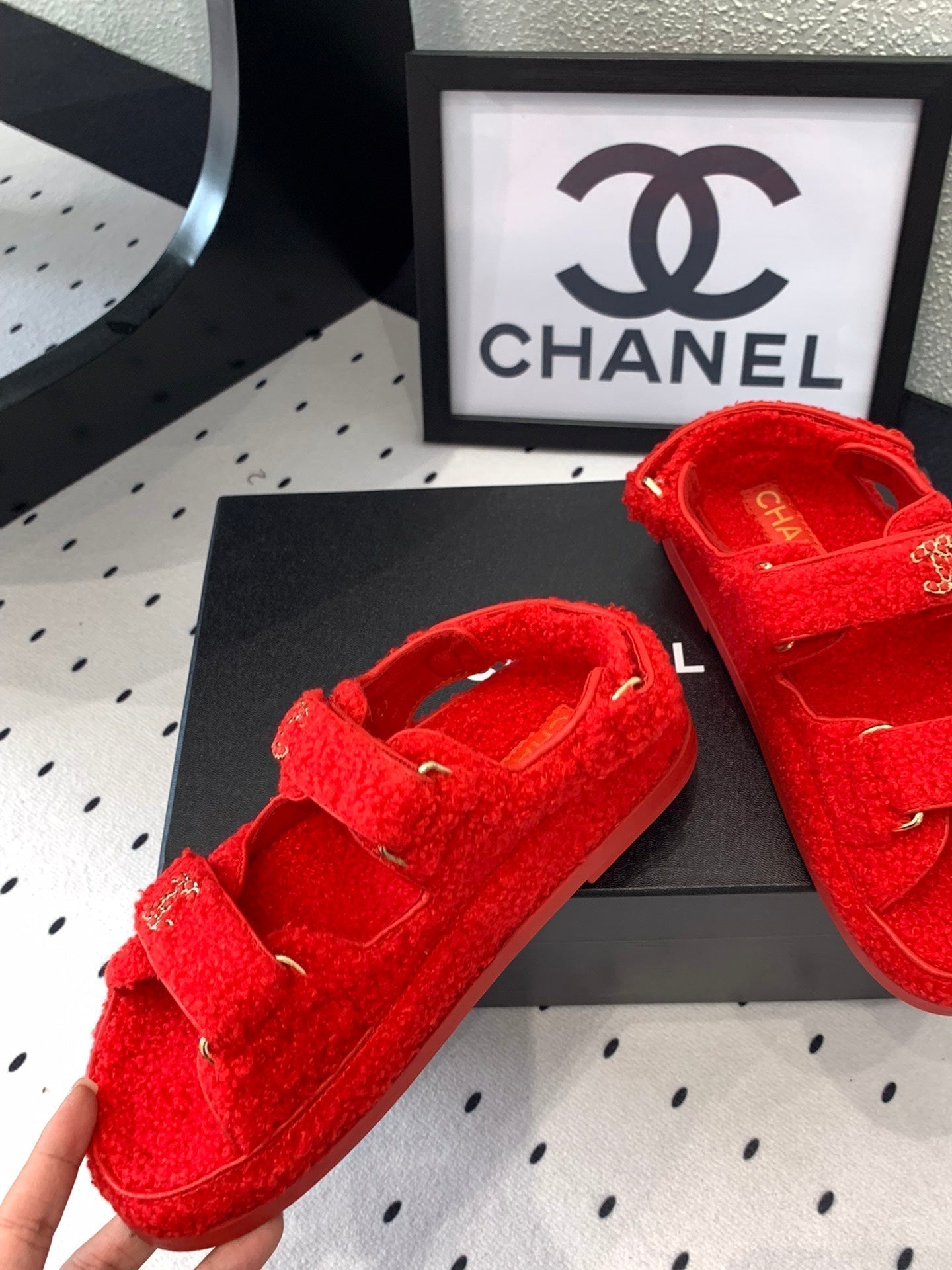 CHANEL DAD SANDAL CRIMSON RED LAMB FUR