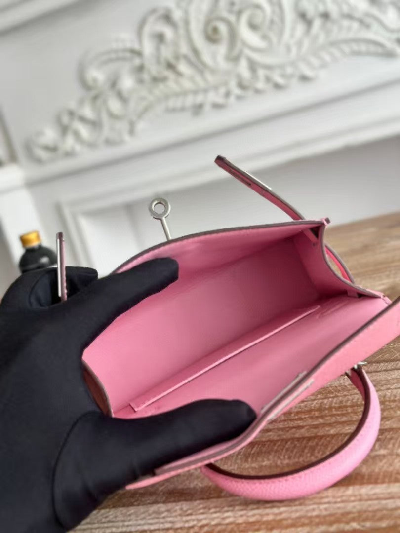 HERMES KELLY MINI 19 LIGHT PINK CALFSKIN SILVER HARDWARE