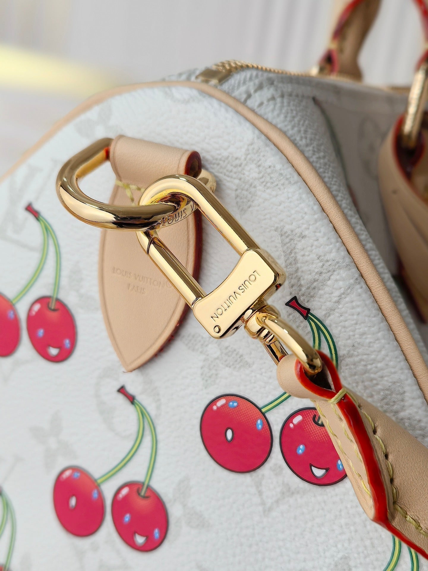 LOUIS VUITTON LV 25S SPEEDY SOFT 30 IN WHITE CANVAS MONOGRAM CHERRY PRINT GOLD HARDWARE