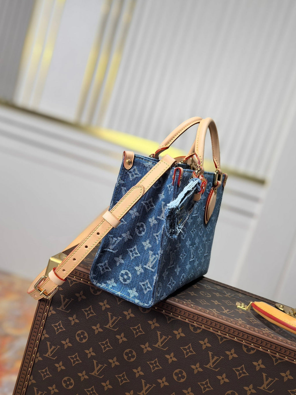 LOUIS VUITTON LV 25S ONTHEGO 28 IN BLUE MONOGRAM DENIM COTTON CALFSKIN LEATHER STRAP