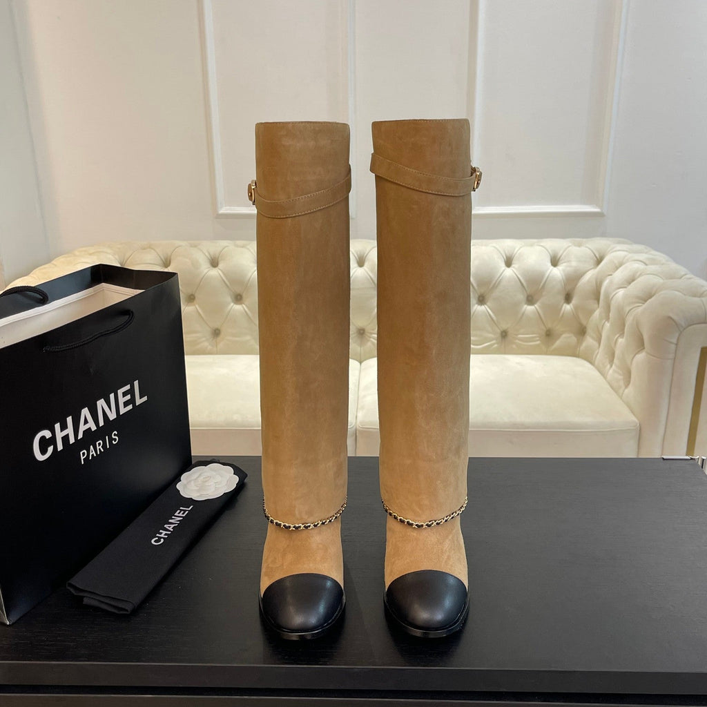 CHANEL HIGH BOOTS 6.5 CM IN CIDER BROWN SUEDE AND BLACK CALFSKIN
