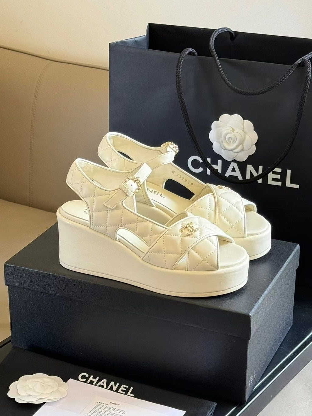 CHANEL CLASSIC WEDGE SANDALS IN WHITE LAMBSKIN