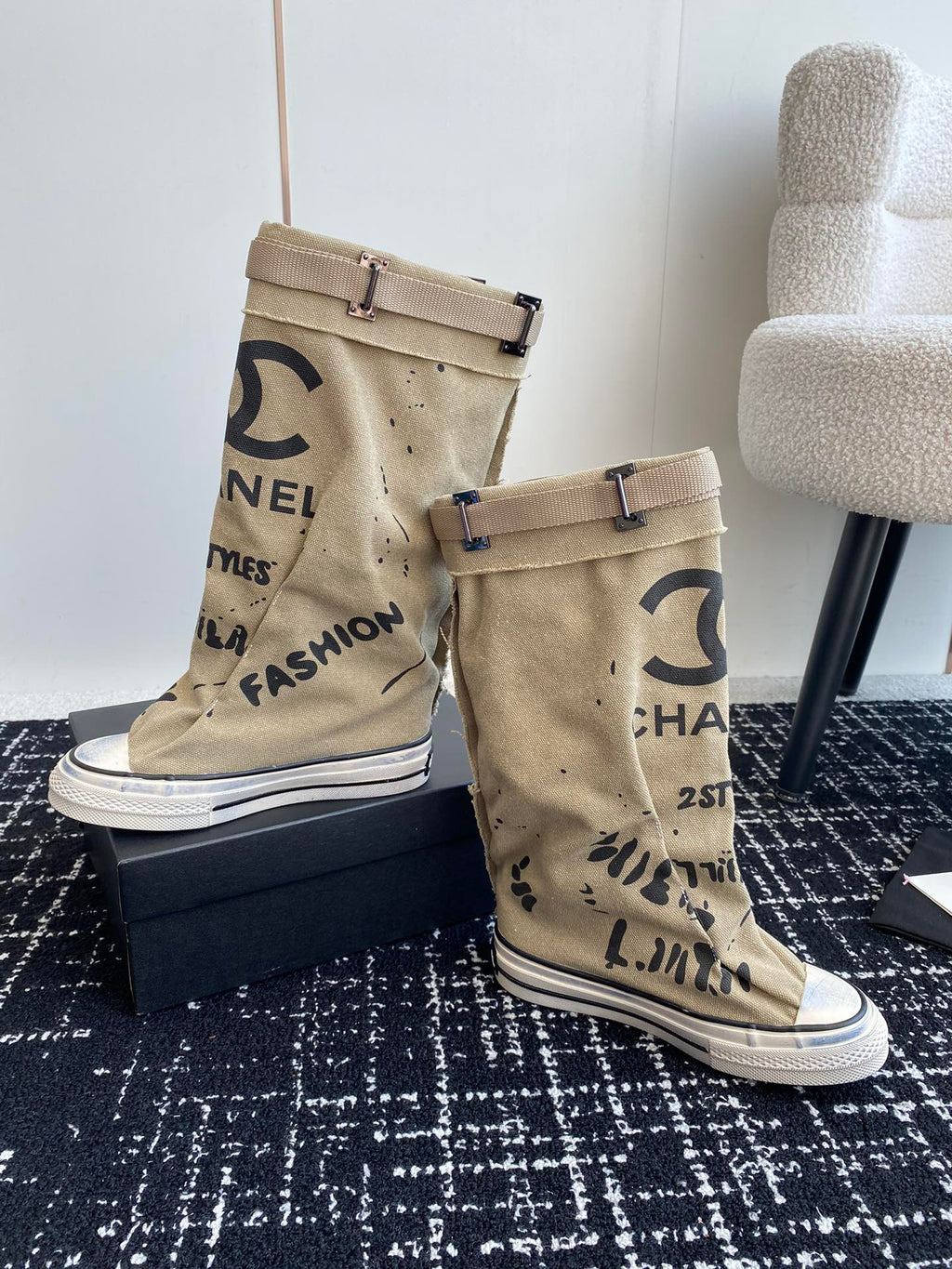 CHANEL HIGH BOOTS IN TORTILLA BROWN CANVAS
