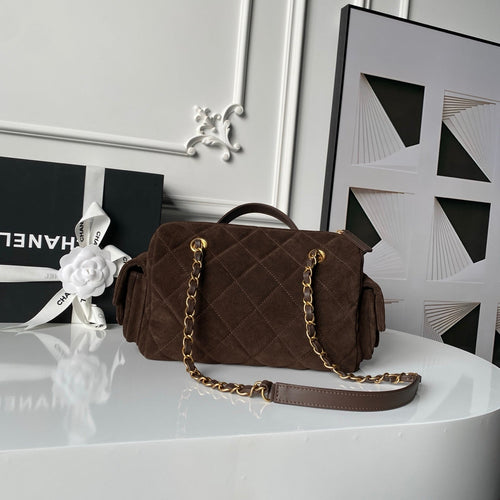 CHANEL 25S BOWLING BAG 24 IN DARK BROWN SUEDE GOLD HARDWARE