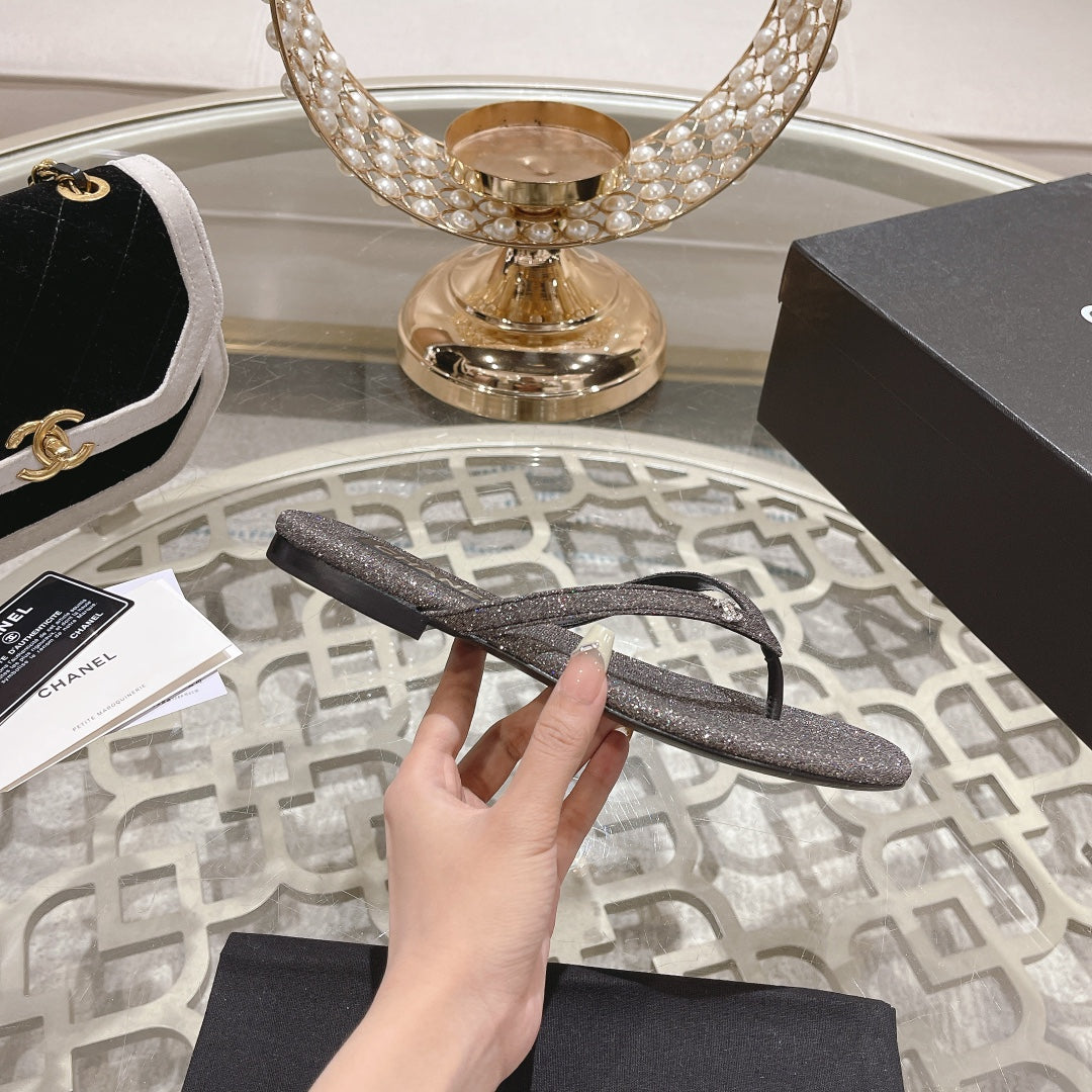 CHANEL Double  Rhinestone Flip  Flop Thongs Dark Gray Sheepskin