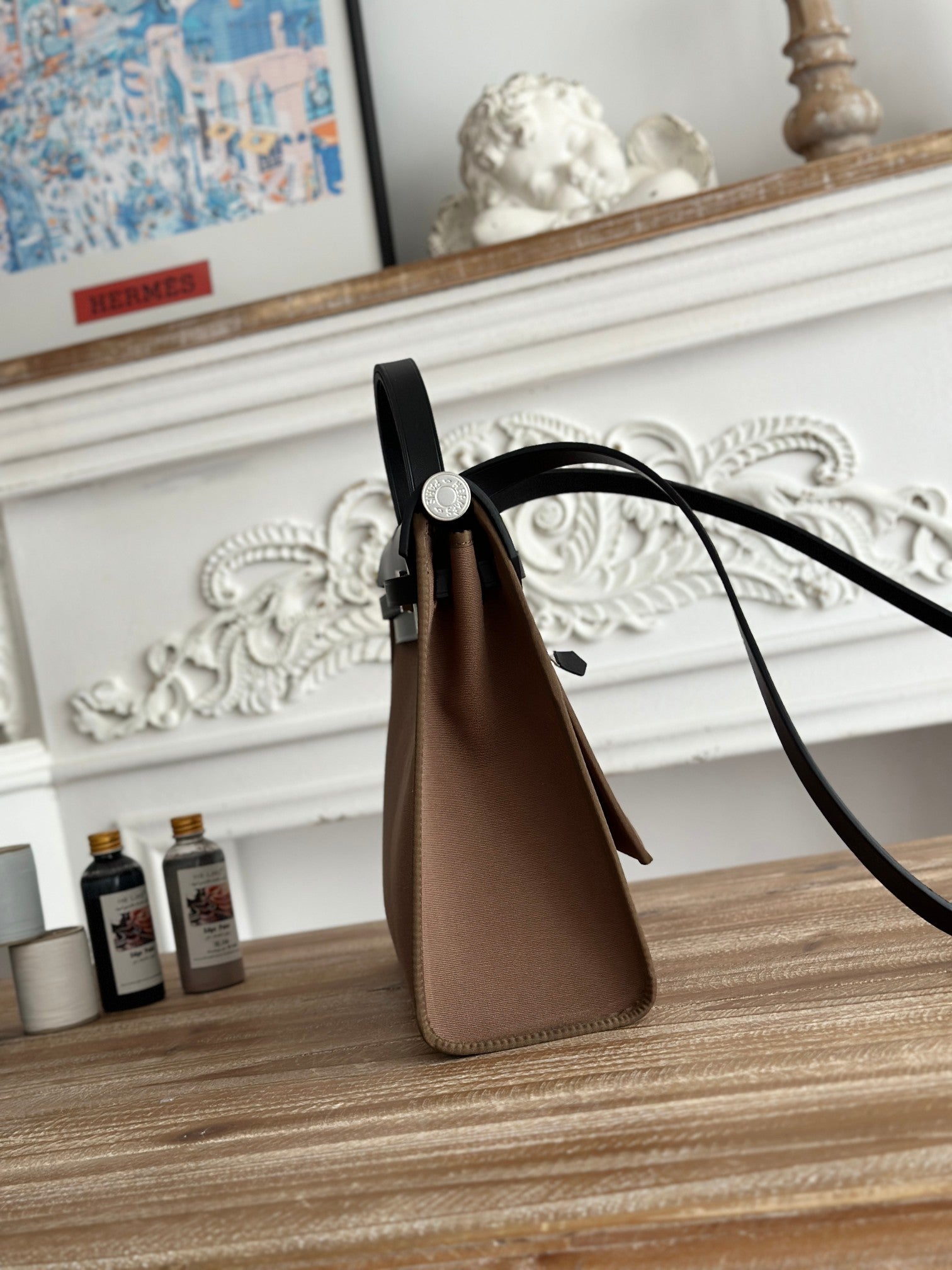 HERMES ZIP CABINE 31 BAG IN CHOCOLATE BROWN CANVAS AND BLACK CALFSKIN