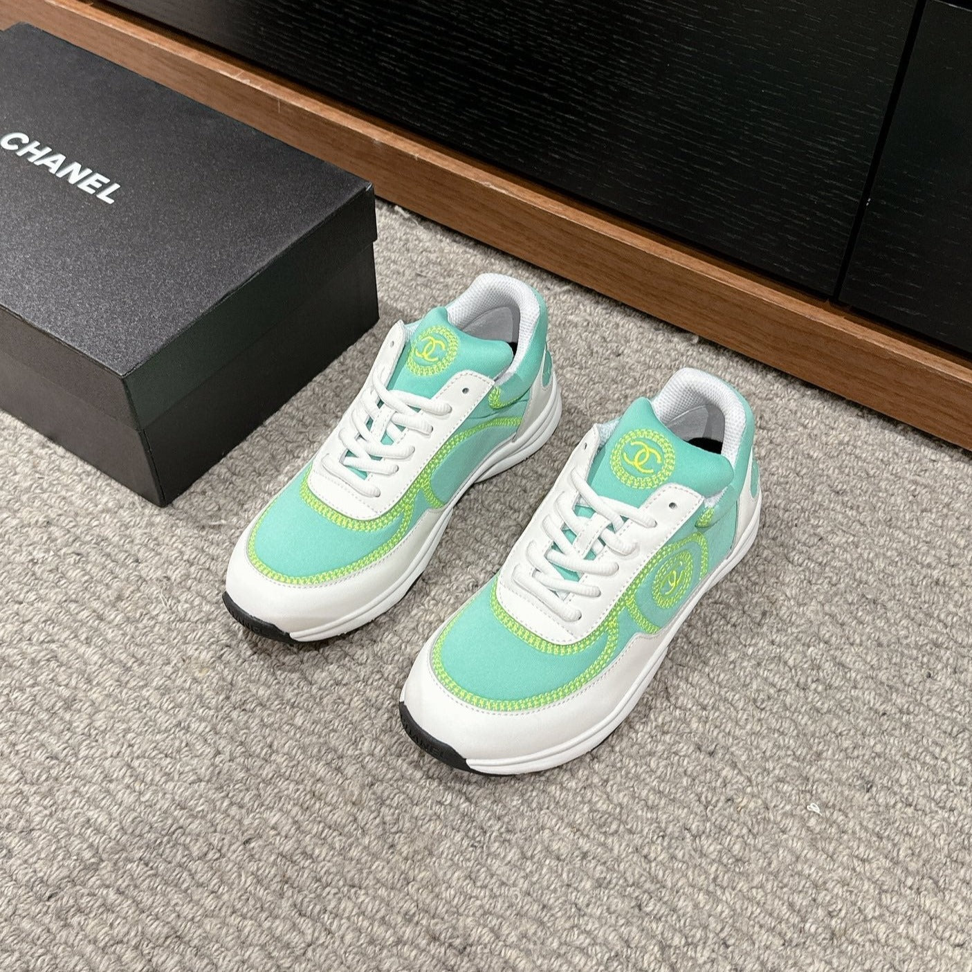 CHANEL CLASSIC TRAINER IN MINT GREEN MIX WHITE FABRIC