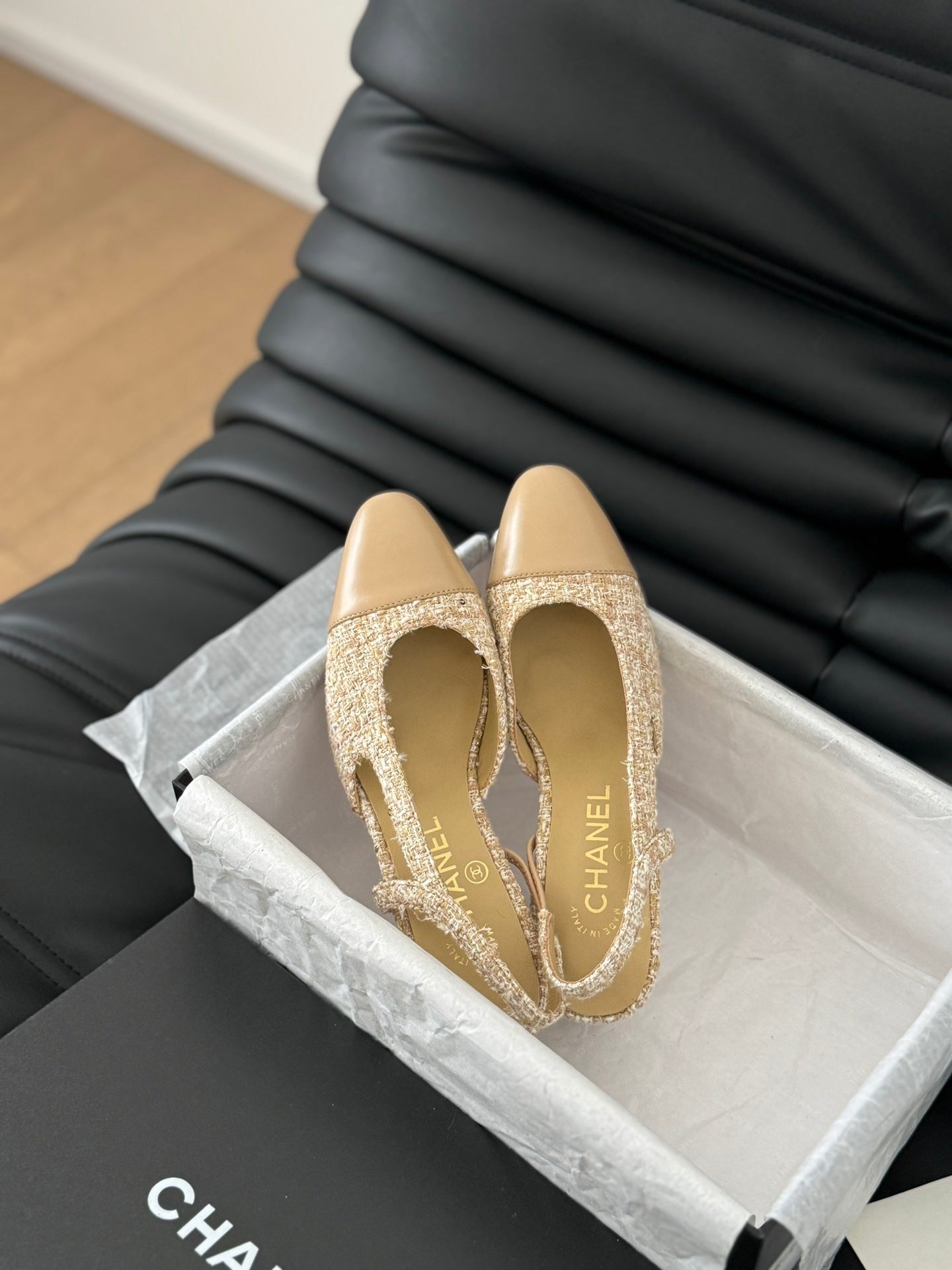 CHANEL CLASSIC HIGH SLINGBACK CORN YELLOW TWEEDS AND CALFSKIN