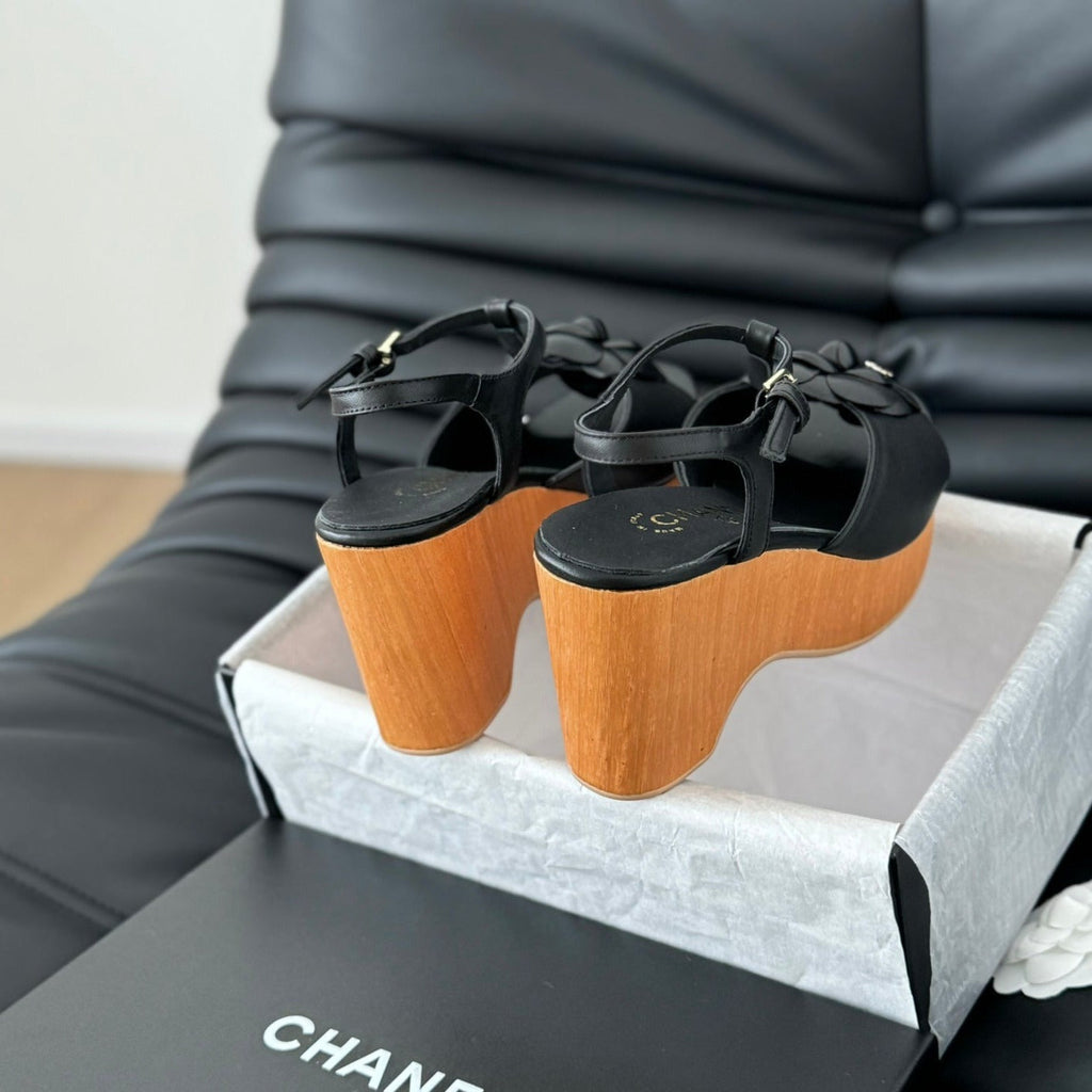 CHANEL Double C New Wood Grain Platform Sandal  Black Lambskin