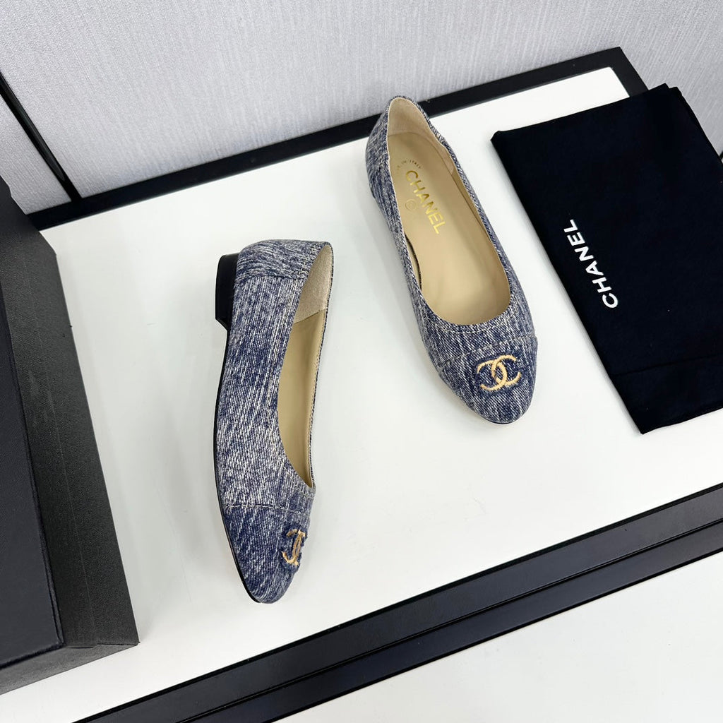 CHANEL ballet flat blue with white stripe denim 166816
