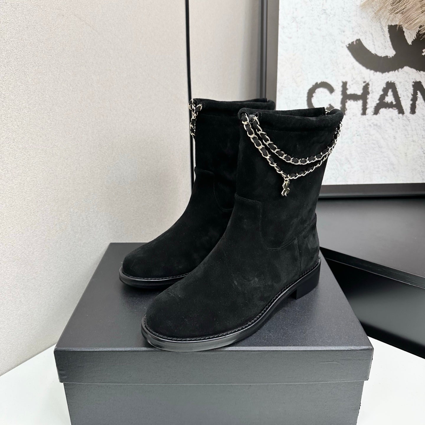 CHANEL 25S SHORT BOOTS IN BLACK SUEDE SILVER HARDWARE